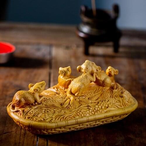 Five Fortune Rats Wood Animal Statue Mouse Food Wood Statue Boxwood Zodiac Animal Rat Grain Home Decoration Feng Shui Decoration