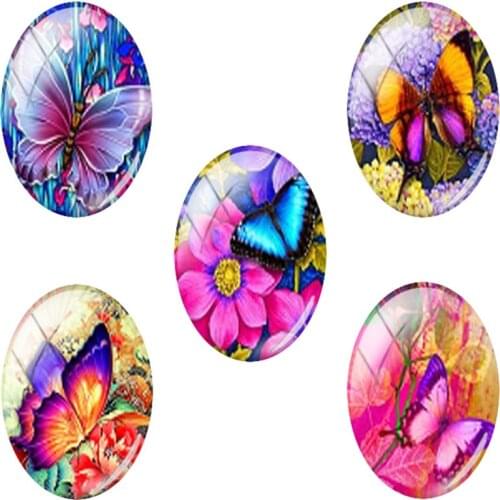 TAFREE 2019 NEW 18x25mm Retro Colorful Butterfly Pattern Oval Glass Cabochon Flatback Dome Jewelry Finding Pendant base TQ75