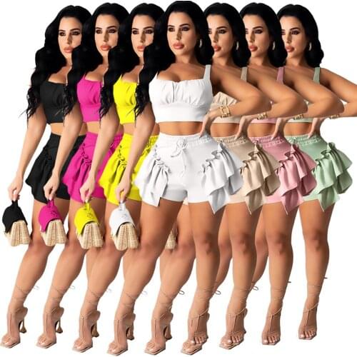 GL6353 Women Solid Color Clothing Auricula Edge Band Vest Shorts 2 Piece Set Casual Dress