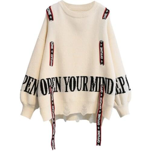 Women New Letter Print Hole Knit Jumper Sweater 2020 Drawstring Decoration Korean Pullover Tops casual knit Sweater Female