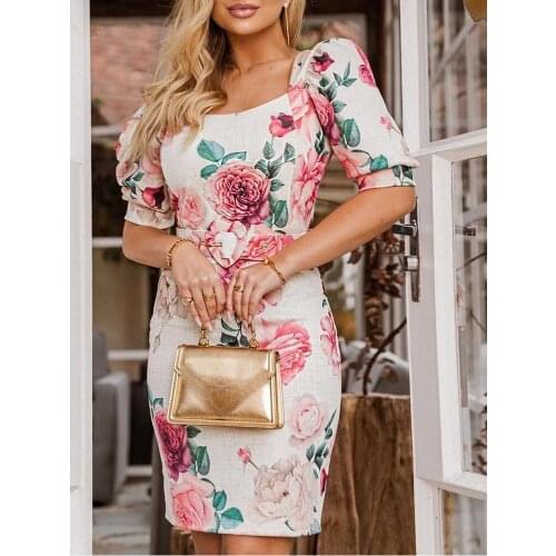 Shein Romwe Y2K Sexy Print Half Sleeve Square Neck Elegant Mini Vestidos Casual Slim Daily Party Floral Dress