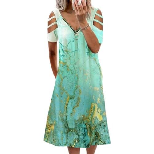 Women Dress Sexy Zipper V Neck Loose 5 Colors Ladies Hollow Out Short Sleeve Dress Holiday Ladies A Line Wide Hem Dress