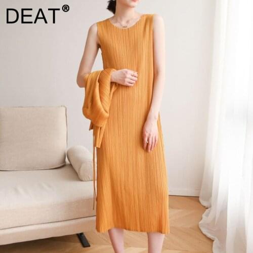DEAT Woman Pleated Dress Solid Straight Elastic Simple Wild Sleeveless Round Collar Casual Style 2021 Korean New Summer 15XM748