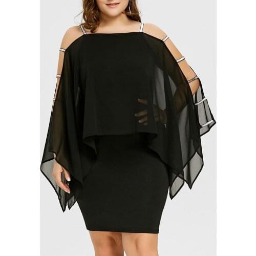 Plus Size Women Sexy Ladder Cut Solid Color Knee Length Capelet Bodycon Dress trendy