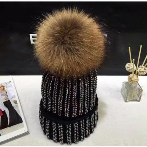 Winter Outdoor Warm Women Rhinestone Thick Woolen Yarn Knitted Hat Cap Beanie