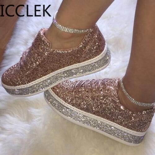 2020 Women Vulcanize Shoes Sneakers Sliver Bling Shoes Flat Glitter Sneakers Casual Female Breathable Lace Up Sport Shoes A032