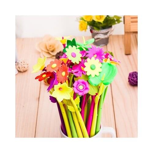 5pcs Cute Pens Novelty Stationery Gel Pens Plant Flower Rubber Silicone Black Kawaii Pen School Office Supplies Signature Pen