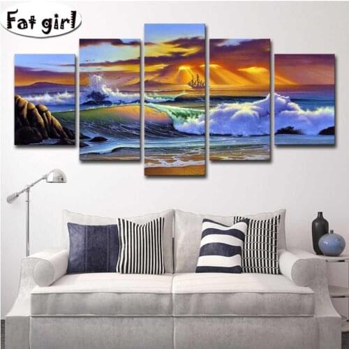 Ocean Diamond Embroidery Landscape 5D DIY Diamond Painting Seaside sailboat Mosaic handmade hobby square round living room decor