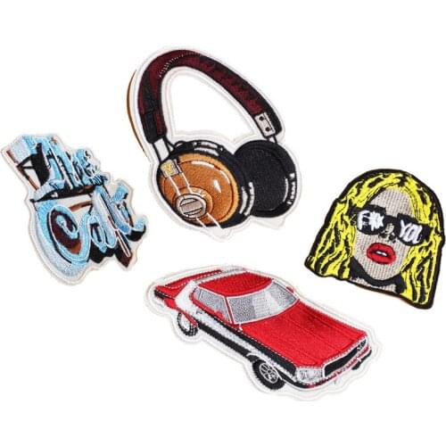 Cars Girl Earphone Embroidery Headphone Patches Music Note Embroidered Applique DIY Clothes Sew Badges Iron on Garment Stickers