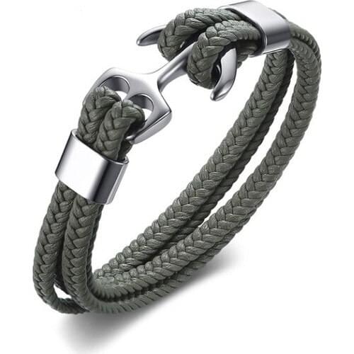 Chavin Gray Leather Anchor Steel Male Bracelet Dt44Gr