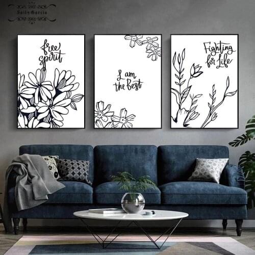 Black and White Flowers Plant Canvas Painting Motto Wall Art Minimalist Poster and Prints for Living Room Home Decor Pictures