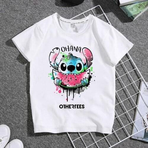 Disney Stitch 2021 Summer New Fashion Cartoon T-shirt Boys Girls Childrens Clothing 3D Short Sleeve Tops Kids