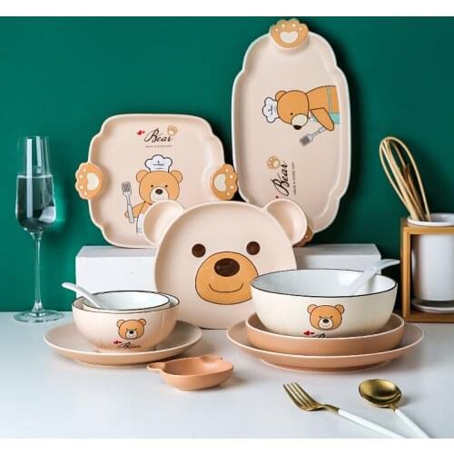 Bear Pattern Porcelain Kitchen Dinnerware Set Plates Bowls Rice Bowls Soup Spoon Dish Plate Porcelain Children Kids Dinner Set