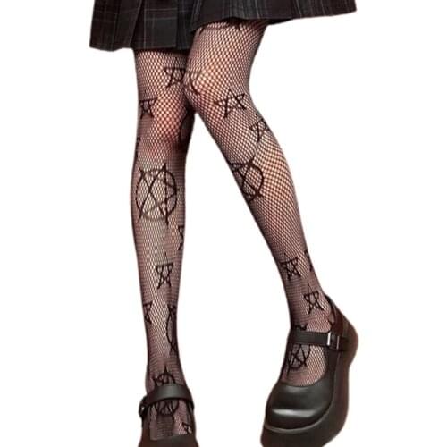 Women Girls Gothic Punk High Waist Tights Harajuku Anime Magical Five-Pointed Star Jacquard Patterned Lolita Kawaii Mesh
