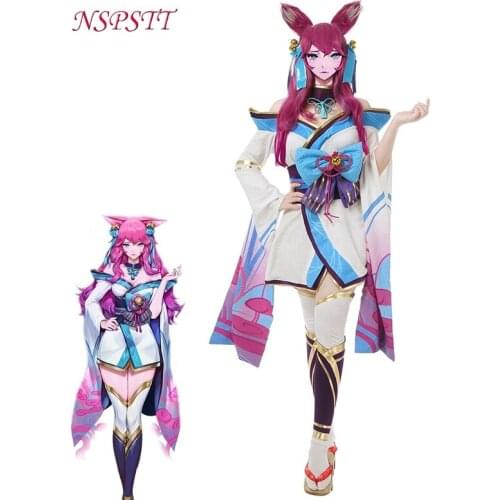 NSPSTT LOL Spirit Blossom Ahri Cosplay Costume LOL Ahri Cosplay Costume Outfit Women Sexy Dress Halloween Party Suit Full Set