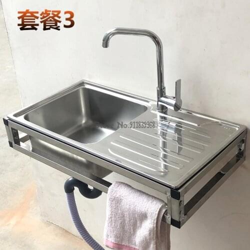 Kitchen 304 Simple Single-bath Stainless Steel Sink With Triangle Bracket On The Wall Wash Basin Wall-mounted Basin Bracket