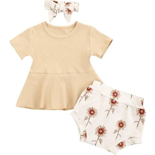 Summer Baby Girl Clothes Sets Casual Cotton 3Pieces Short Sleeve Ribbed T-shirt+Floral Shorts+Bow Headband Baby Outfits 0-24M