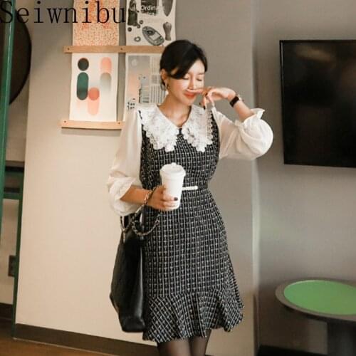 Fashion Designer Tweed patchwork lace dress Fake two piece Autumn New Pattern Restoring Ancient lattice Coarse sashes Dress