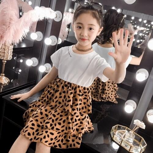 Girls Fashion Spotted Leopard-print Cake Party Dress Summer Chiffon Princess Korean Style Kids Dresses for Girls 4-14 Years