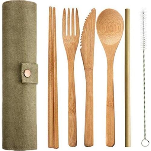 6pcs/set Bamboo Cutlery Set Portable Wooden Flatware Set Japanese Knife Spoon Fork Straw Chopstick Cloth Bag Travel Set Reusable