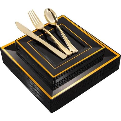 125PCS Disposable Tableware/Silver Utensils Set Black Gold Rose Gold Square Plastic Tray with Gold Edge Wedding Party Supplies