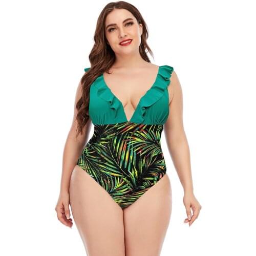 2020 New Large Size One Piece Swimsuit Fattening One Piece Printing Color Matching Ruffle Swimsuit Swimsuit Plus Size