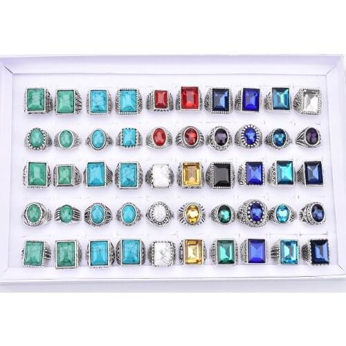 Wholesale 30pcs/lot Fashion Multicolor Vintage Turquoise Glass Antique Silver Color Jewelry Rings For Women Men Mix Style