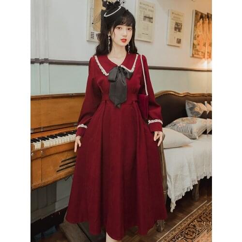 Burgundy Large Size Women Dress Vintage Mori Girl Turn Down Collar Bow Long Sleeve Casual Elegant Formal Dresses Vestido Mujer