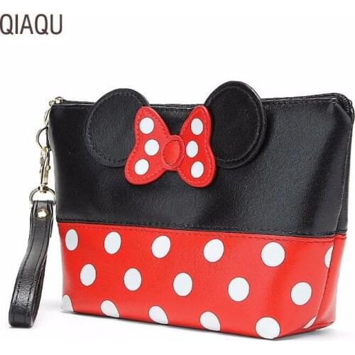 QIAQU Travel Cosmetic Bag Cartoon Bow Makeup Case Women Zipper Hand Holding Make Up Handbag Storage Pouch Toiletry Wash Bags