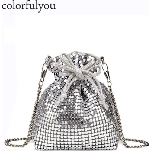 Silver shiny mini Drawstring Bucket Bag fashion Women Shoulder Bag Brand Desinger Ladies chain Crossbody Bags purse 2018 NEW bag