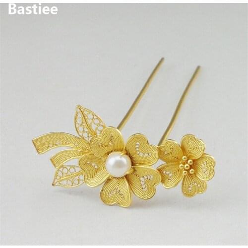 Bastiee Pearl Flower 999 Sterling Silver Hmong Hair Fork For Women Golden Plated Luxury Hair Stick Miao Jewelry