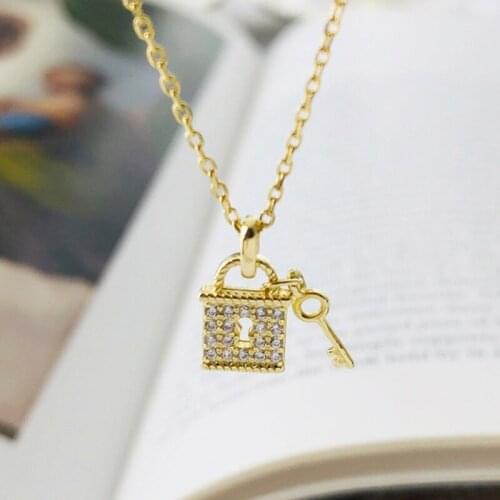 WTLTC Delicate Gold Color Lock Key Pendant Necklaces 925 Sterling Sliver Drop Necklace Personality Hanging Zircon Choker Jewelry