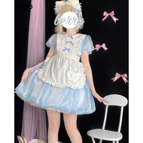 Japanese Sweet Lolita Op Dress Summer Women Victorian Cute Puff Sleeve Party Dress Vintage Girls Kawaii Bow Ruffles Maid Dresses
