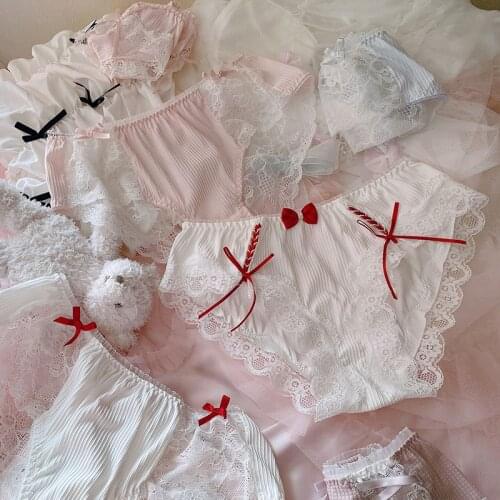 Japanese soft sister sweet sexy non - trace wear silk ribbon bowknot lace underwear girl fat milk