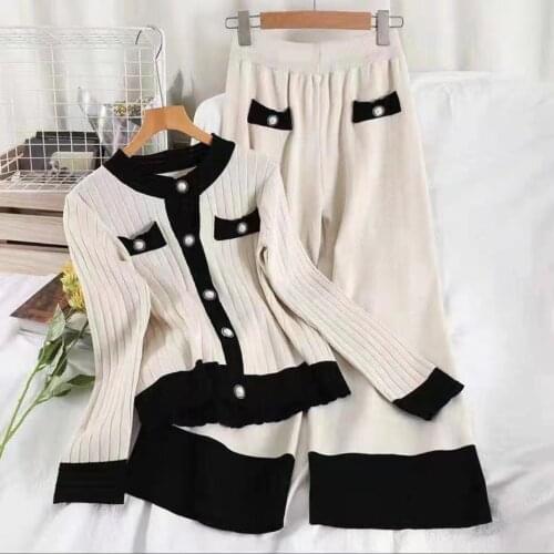 Autumn Women’s Knitted Sweater Pants Two Pieces Set Elegant Hit Color Cardigan Tops + Wide leg pants Femme Casual Trousers Suit
