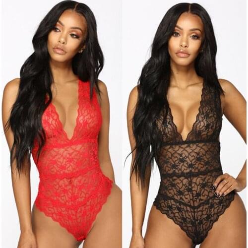 Women Sexy Lingerie Sleepwear Underwear V-Neck Lace See Through Bodysuit Femme Exotic Apparel One Piece Nightwear