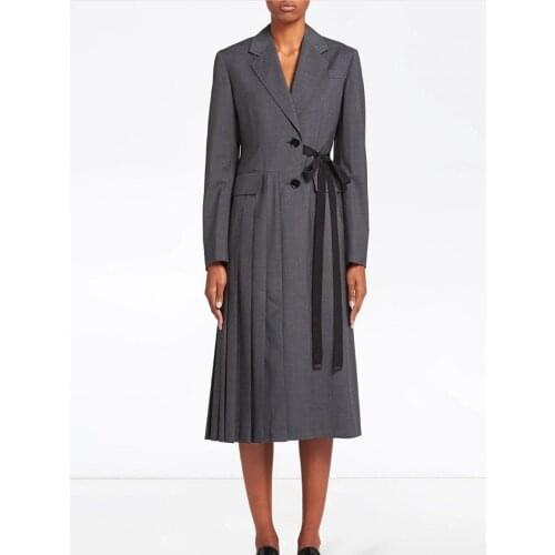 2021 Spring New Women Coat Fashion Special Bow Lace UP Gray Suit Coats Brands Quality Pleated Women X-long Suit