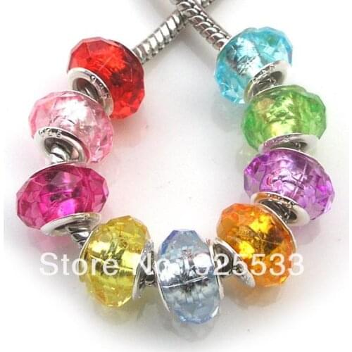 Free Shipping 7x12mm 200pcs Fashion Silver Plated Core Big Hole Acrylic faux crystal Beads for Eurpean Bracelet jewelry DIY