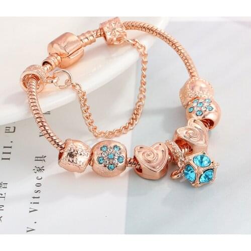 Fashion Rose Gold Brands Bracelets For Women Original Sky Blue Rhinestone Baseball Love Bead Crystal Charm Bracelet Bangle Gift