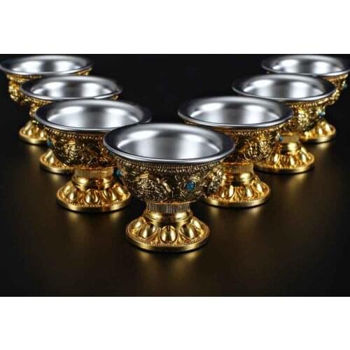 Gild Water Offering Cup, Stainless Steel Inner, Eight Cups Each Box, Diameter About 6.5cm, Buddha Supplies, for Buddha-Worship