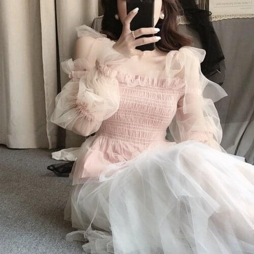 Strap Bowtie Off Shoulder Long Sleeve Fairy Tulle Blouse Gauze Ruffles Cute Summer Peplum Top Chemise Blusa 2019 Women Shirt