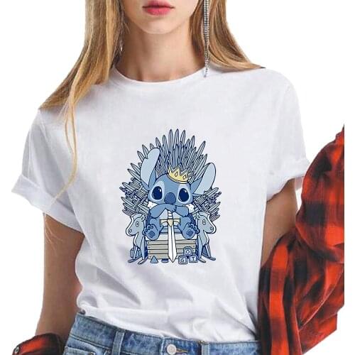 Crown Throne Stitch Graphic Tees Shirts Ladies Short Sleeve Cartoon Clothing Tops for Women Fashion White O-neck T-shrts Female