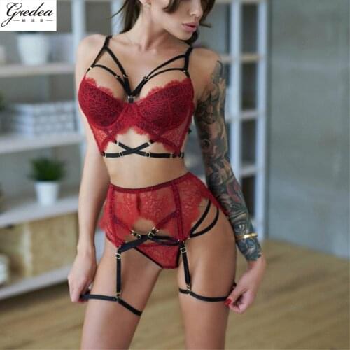 Hot And Sexy Lashes Lace Womens Erotic Underwear Underwire Gather Bra Set Hollow Mesh Perspective Garter Thong Sexy Lingerie