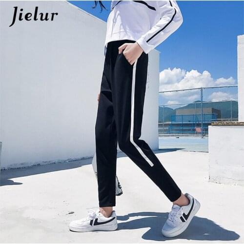 Jielur Black Sweatpants Female Leisure Side-striped Sports Trousers M-XXL Loose Streetwear Harem Pants for Women Outfit Fall