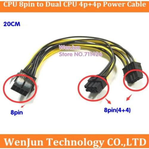 20PCS Hot Sale CPU 8Pin to Dual CPU 4pin+4pin Power Adapter Cable Cord 20CM CPU 8P to 2*8p Cable 18AWG / 16AWG choice