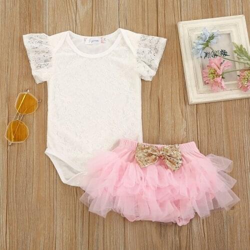 0-24M Newborn Baby Girl Lace Bodysuit Tops Tutu Bow Bloomers Shorts 2PCS Outfits Summer Clothes Set