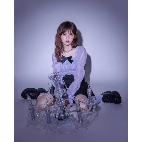 Summer Hot Girl Gothic Harajuku Bow Violet Long Sleeve Fashion Punk Sweet Kawaii Cool Girl Chiffon Top