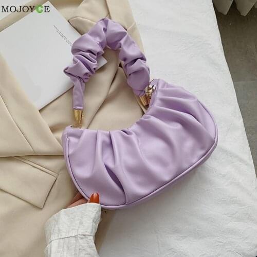 Fashion Women Pure Color PU Leather Shoulder Underarm Bags Casual Ladies Small Pleated Top-handle Hobos Handbags