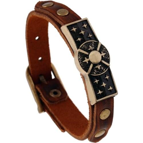 Vintage Pattern Mens Leather Bracelet Stars Gold Plate Charm Bangles Belt Clasp Valentines Day Party Gift Women Fashion Jewelry