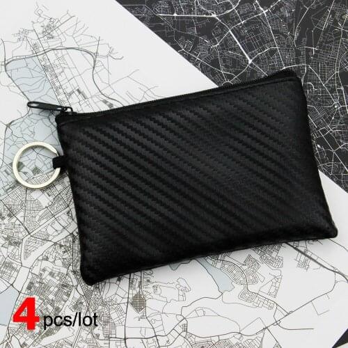 Pack of 4 Pcs Women Men Pouch Carbon Fiber PU Leather Bag Small Zipper Coin Purse Card Holder Money Key Wallet with Ring Gifts